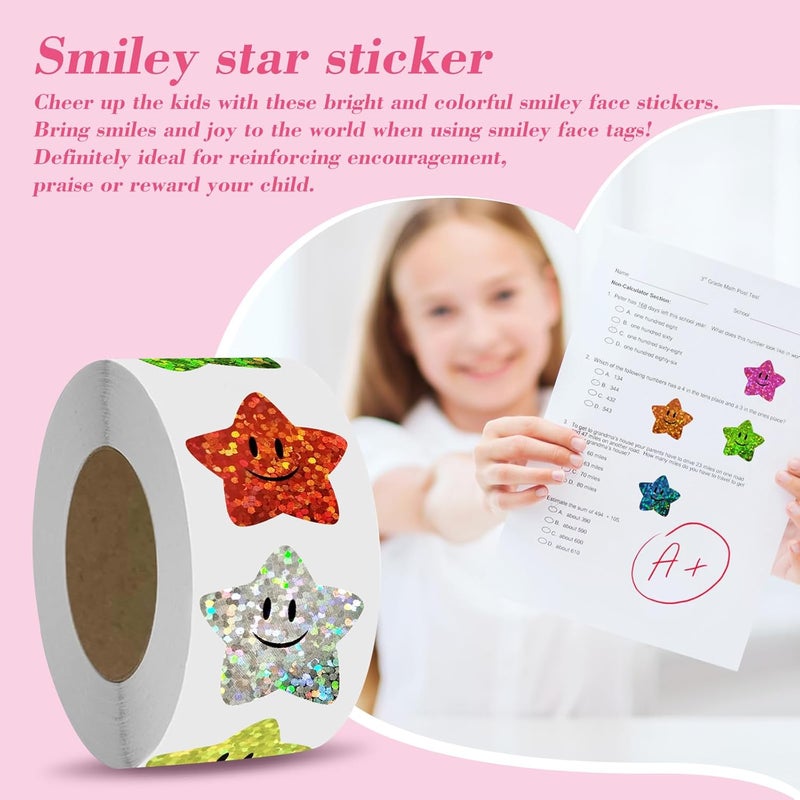 XITDW 700Pcs Smiley Face Star Stickers for Kids Reward,1inch 8 Colored Sparkly Foil Star Stickers for Student Planner and School Classroom Teacher Supplies 3.15inch in Diameter per roll(8cm) - Image 3